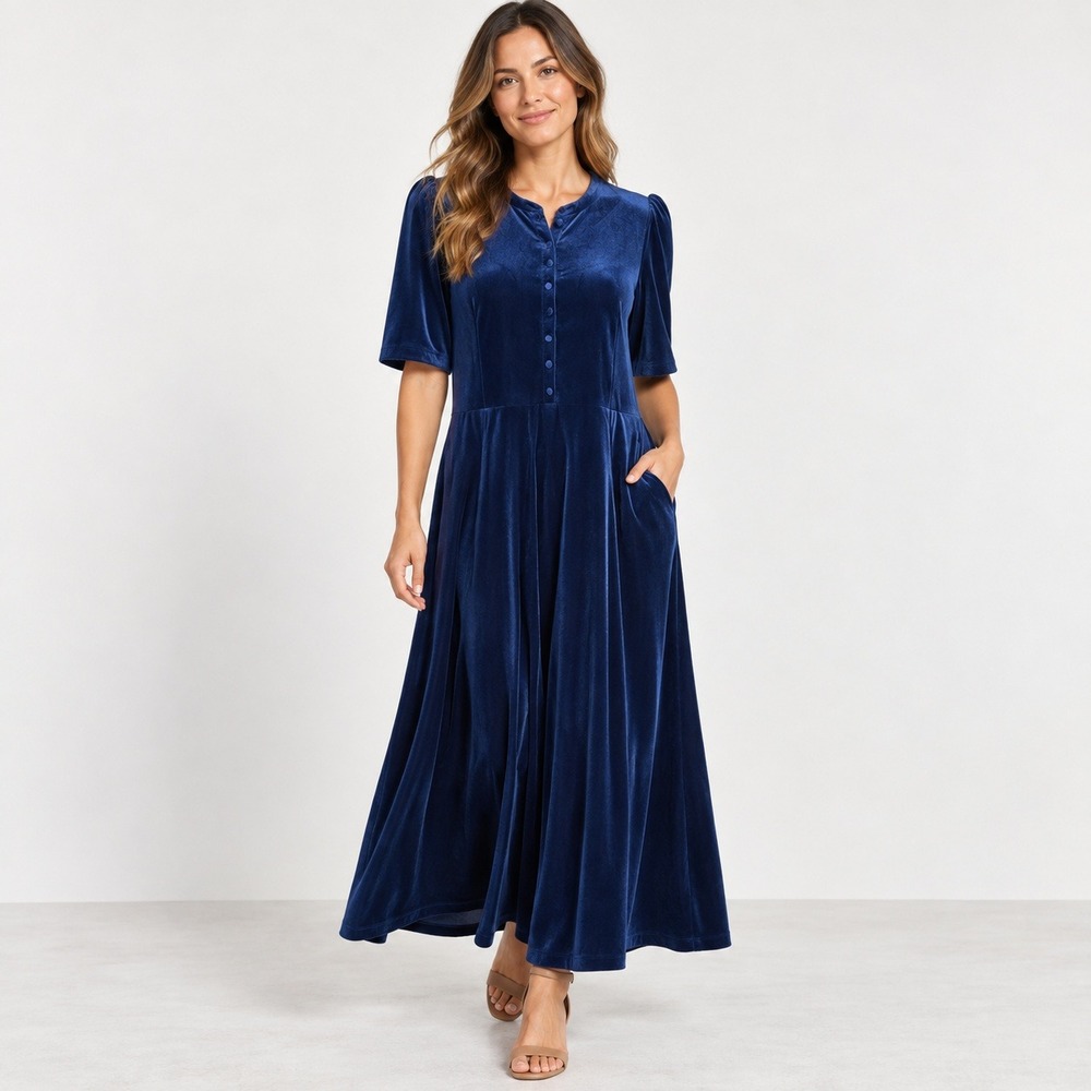 Boden Kate Velvet Midi Dress 14 Navy Blue Button Holiday Short Sleeve Pockets